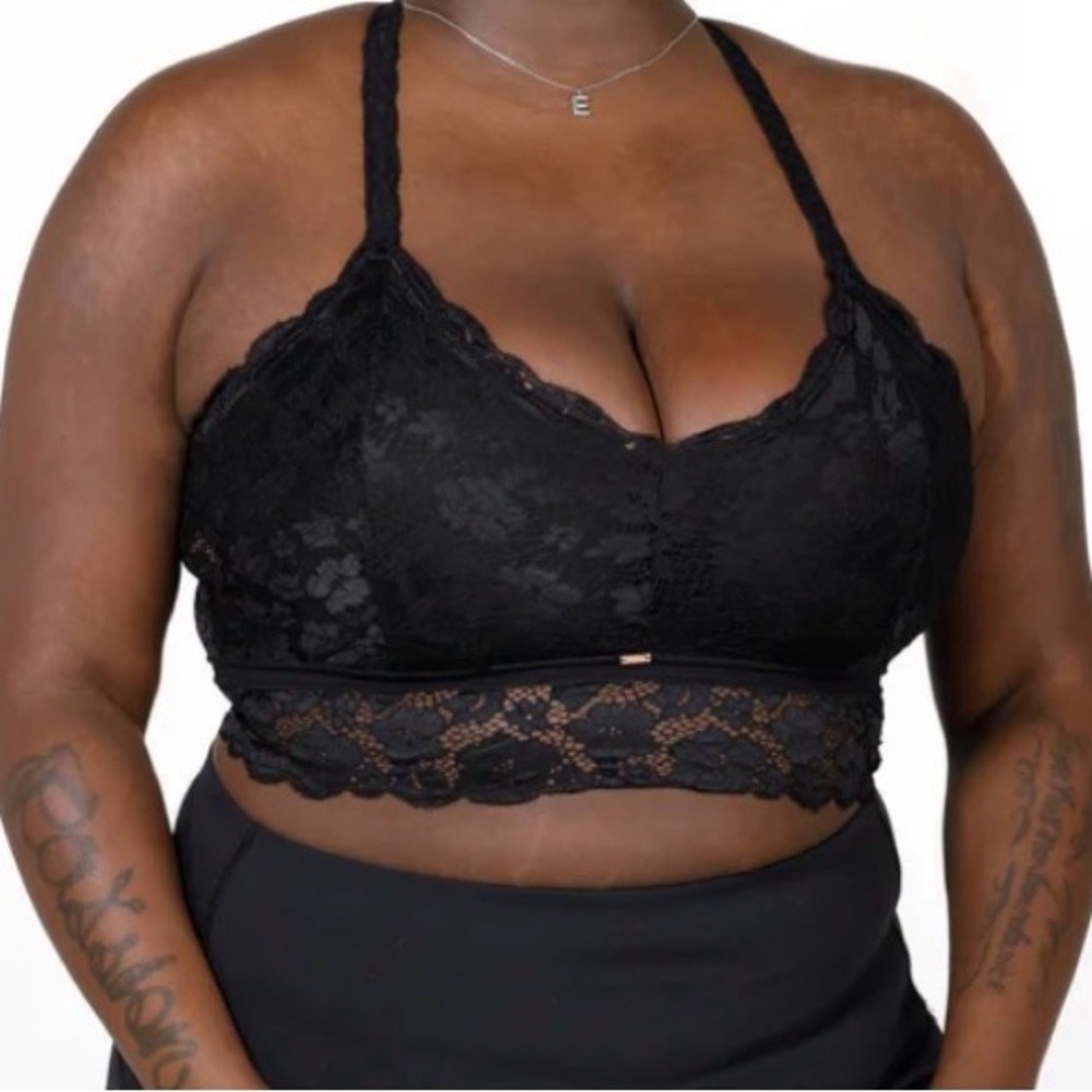 JadyK Black Floral Lace Longline Bralette Strappy Racerback S/M
